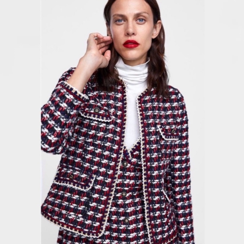 Zara Red, Navy & White Tweed Blazer